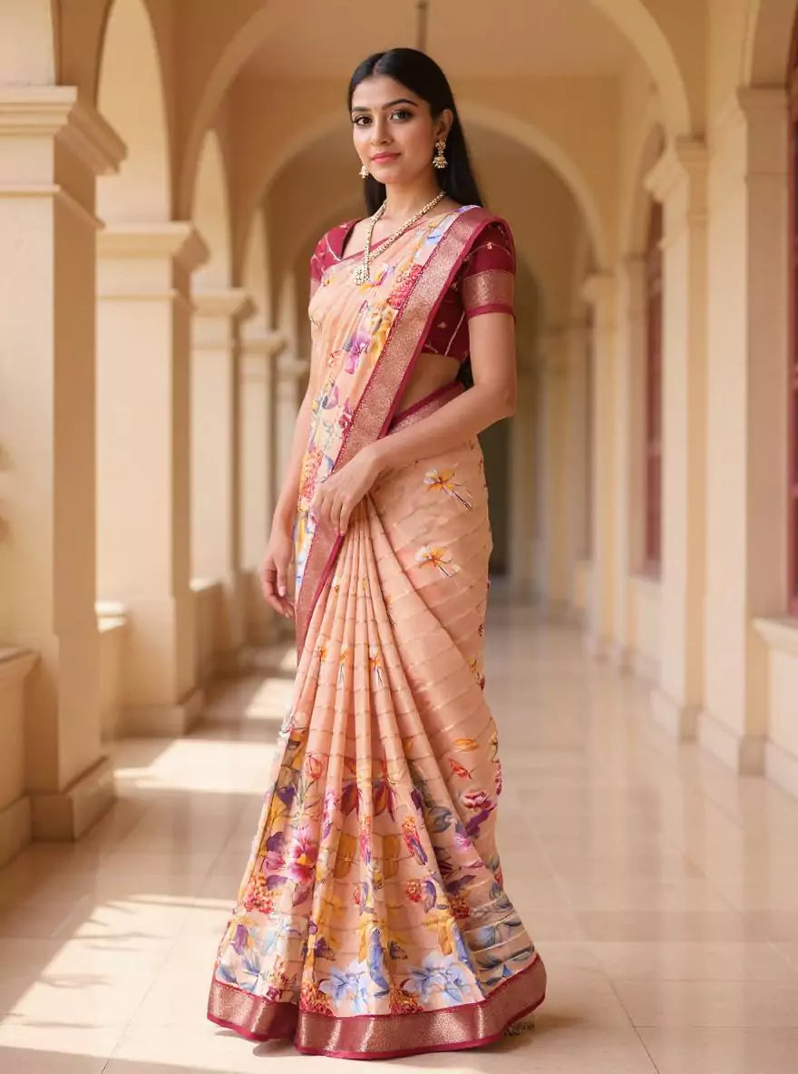 Light Orange Floral Printed Mangalagiri Dola Silk Saree