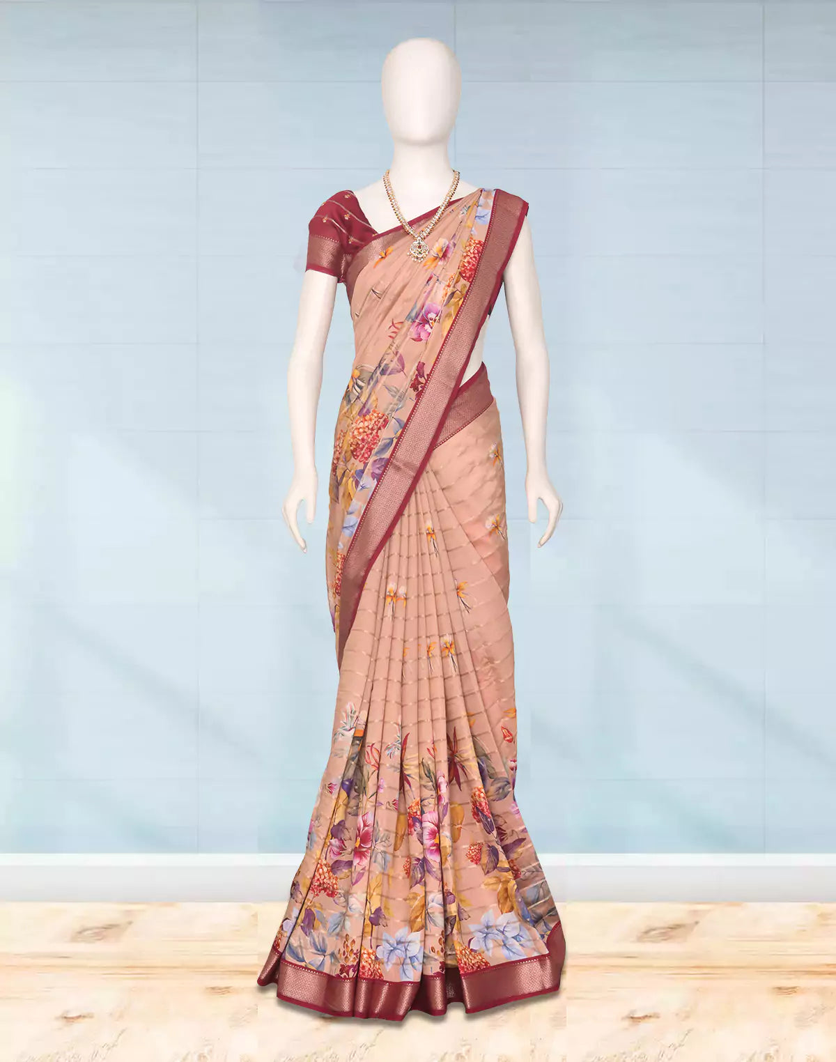 Light Orange Floral Printed Mangalagiri Dola Silk Saree