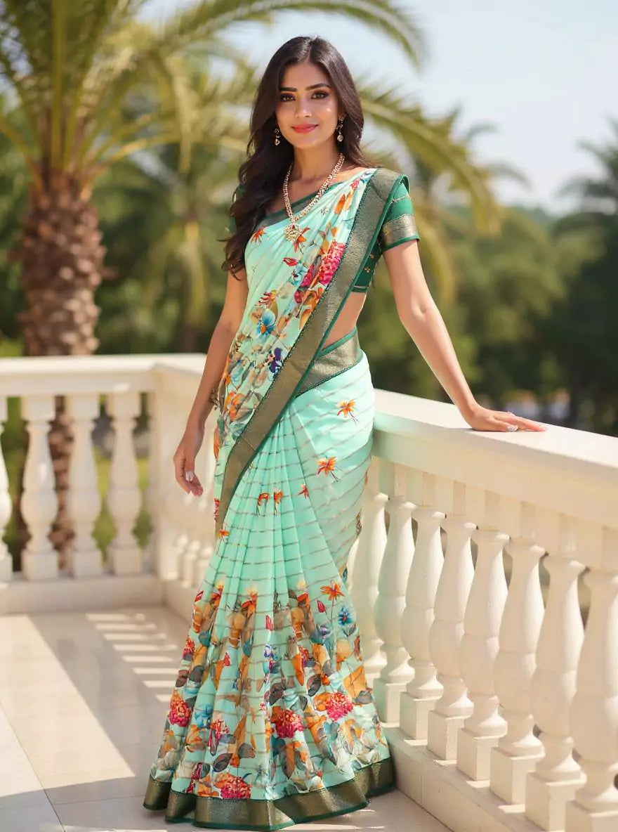 Sea Green Floral Print Mangalagiri Dola Saree with Tussels