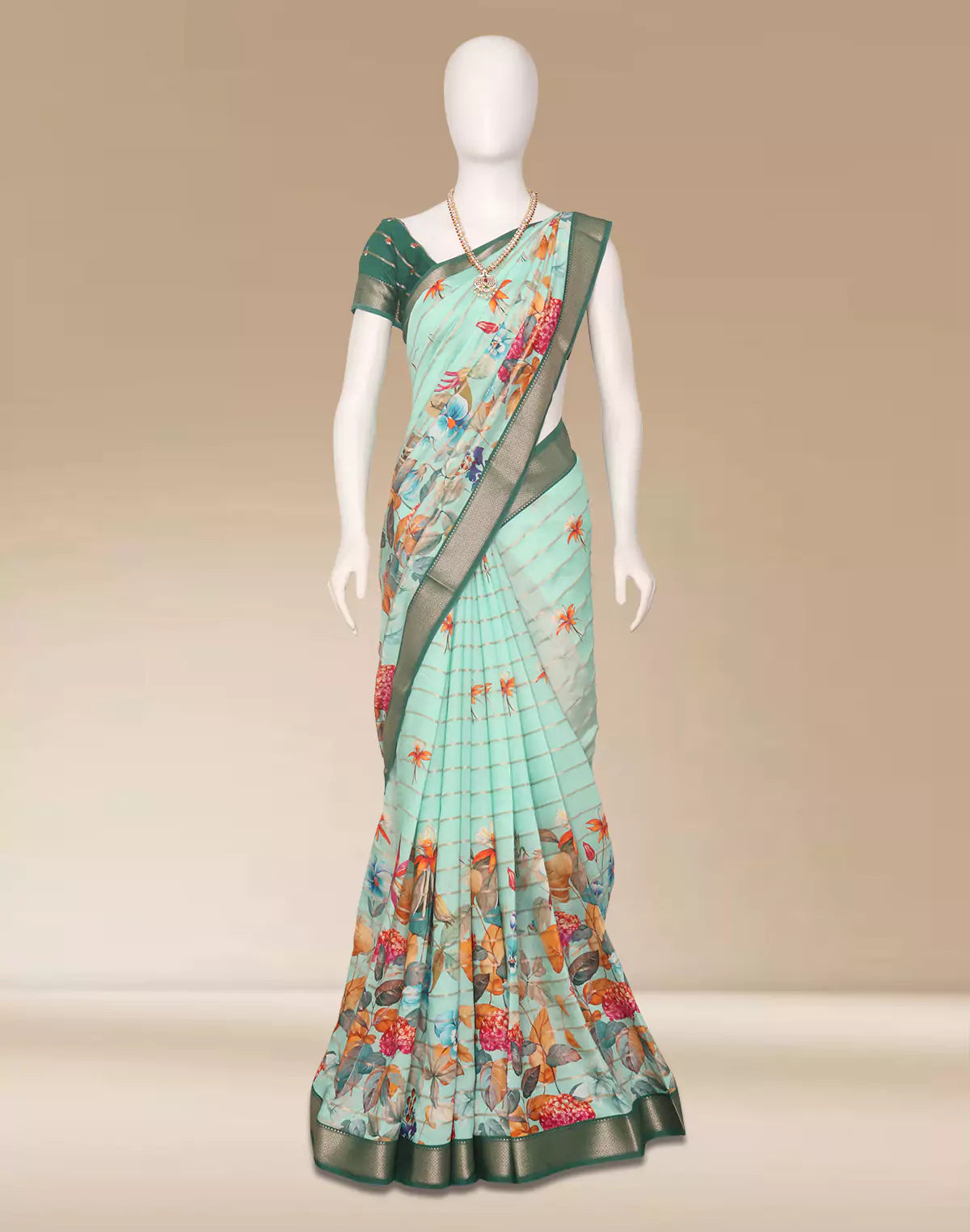 Sea Green Floral Print Mangalagiri Dola Saree with Tussels