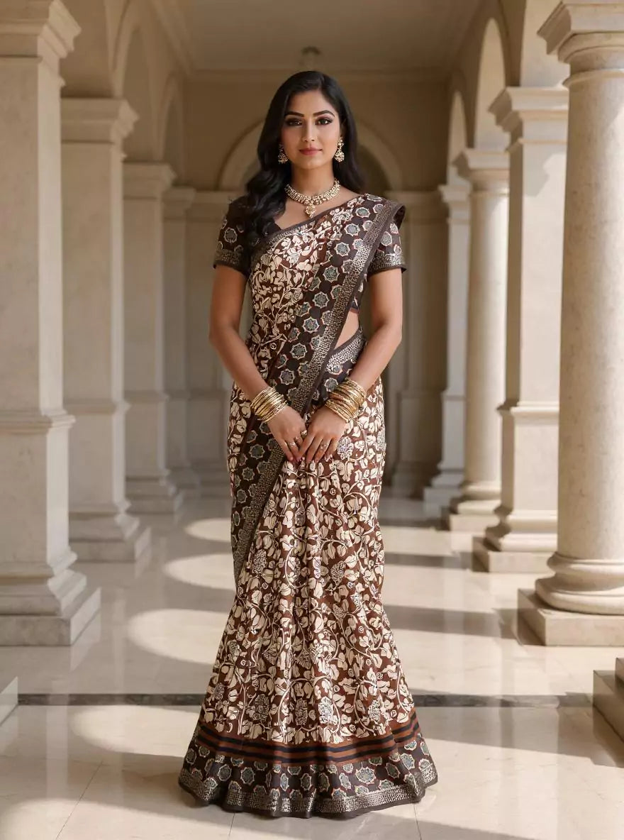 Brown All Over Floral Printed Mangalagiri Dola Silk Self Saree with Tussles