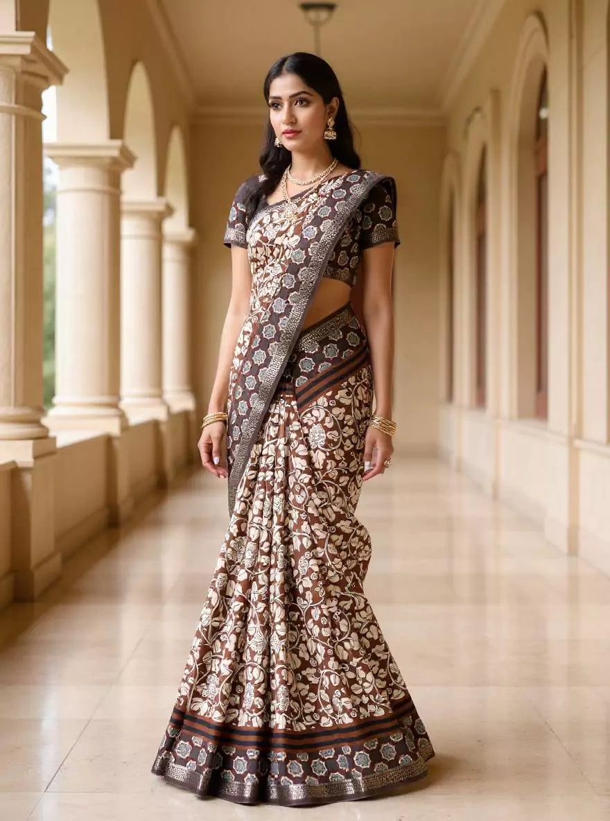 Brown All Over Floral Printed Mangalagiri Dola Silk Self Saree with Tussles