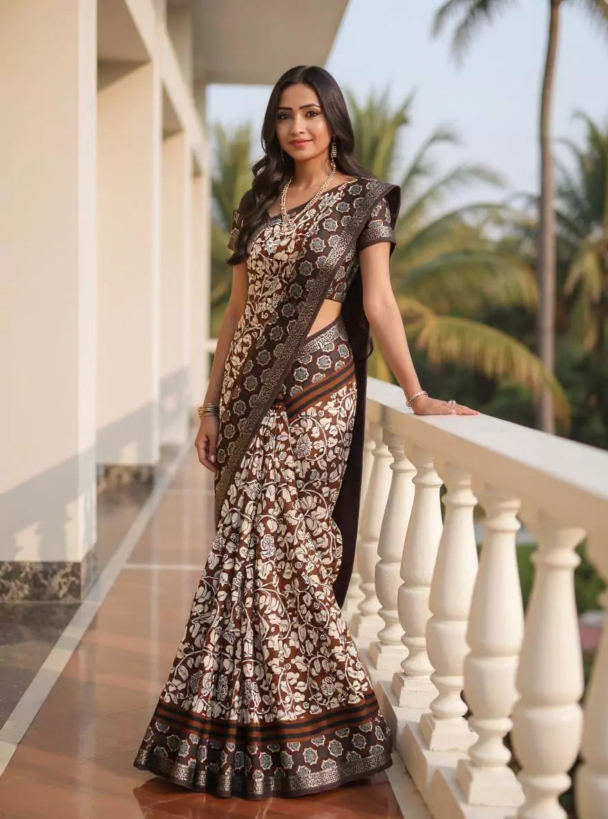 Brown All Over Floral Printed Mangalagiri Dola Silk Self Saree with Tussles