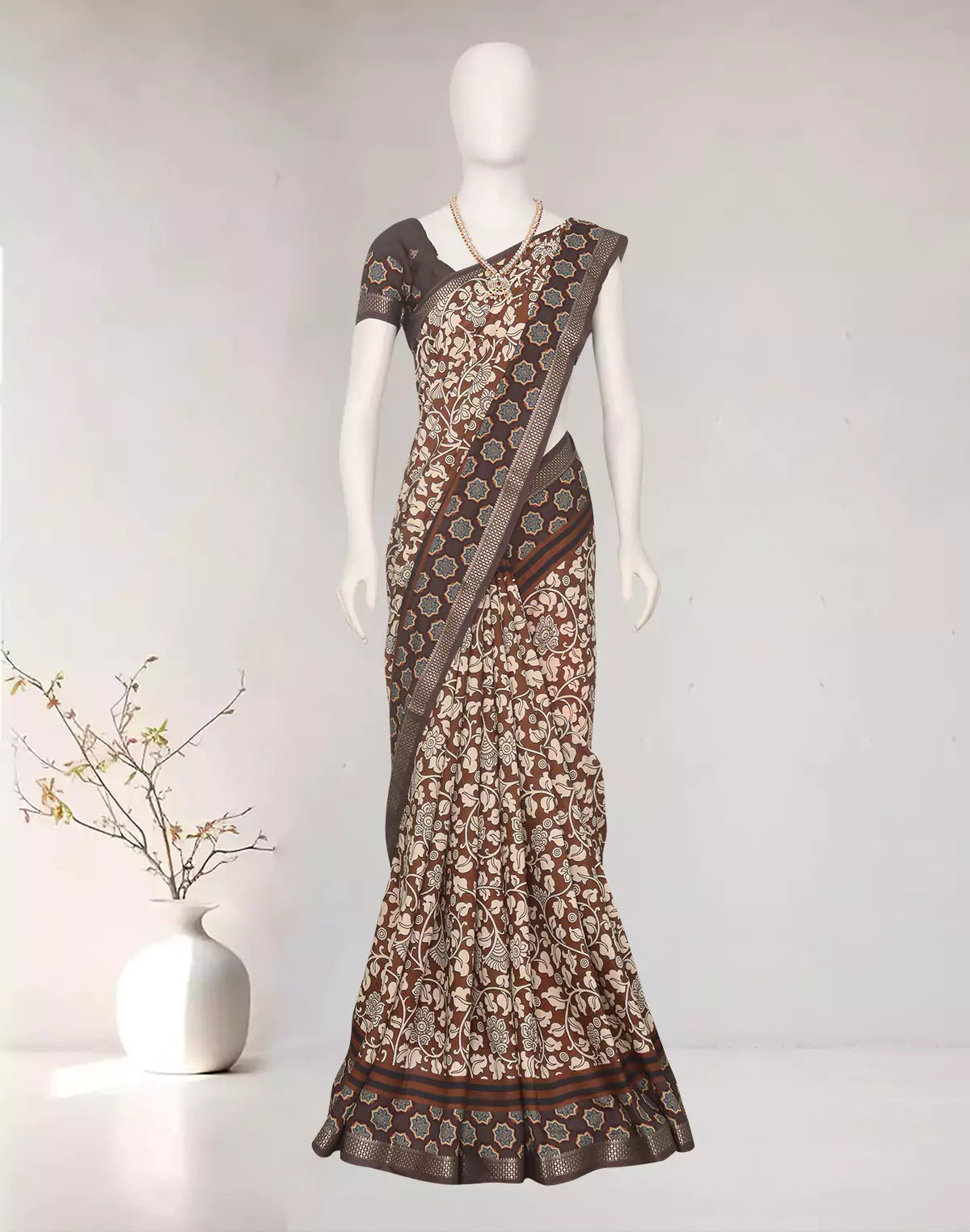 Brown All Over Floral Printed Mangalagiri Dola Silk Self Saree with Tussles