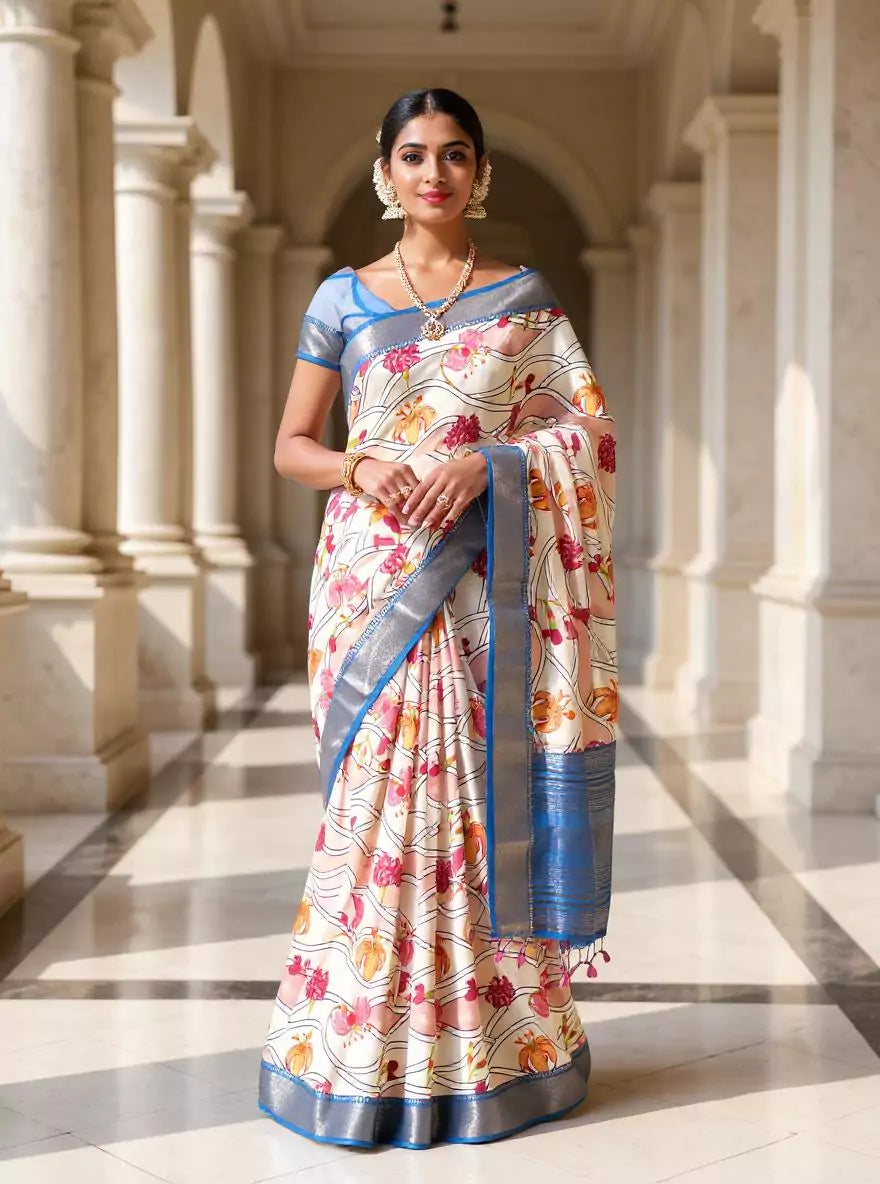 Off White Floral Bunches Mangalagiri Dola Silk Saree