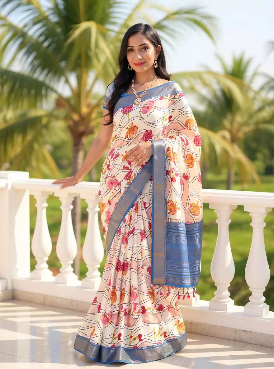 Off White Floral Bunches Mangalagiri Dola Silk Saree