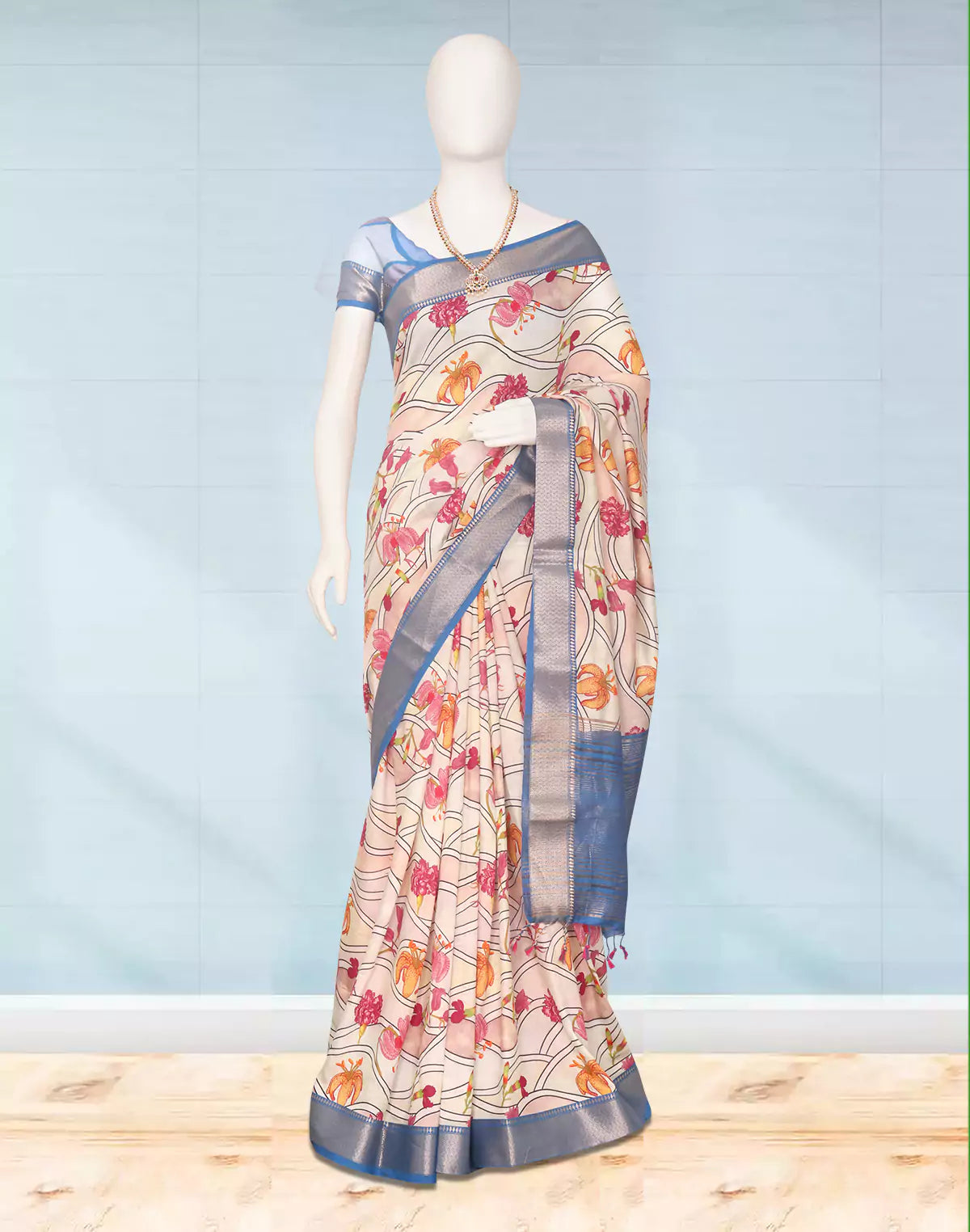 Off White Floral Bunches Mangalagiri Dola Silk Saree