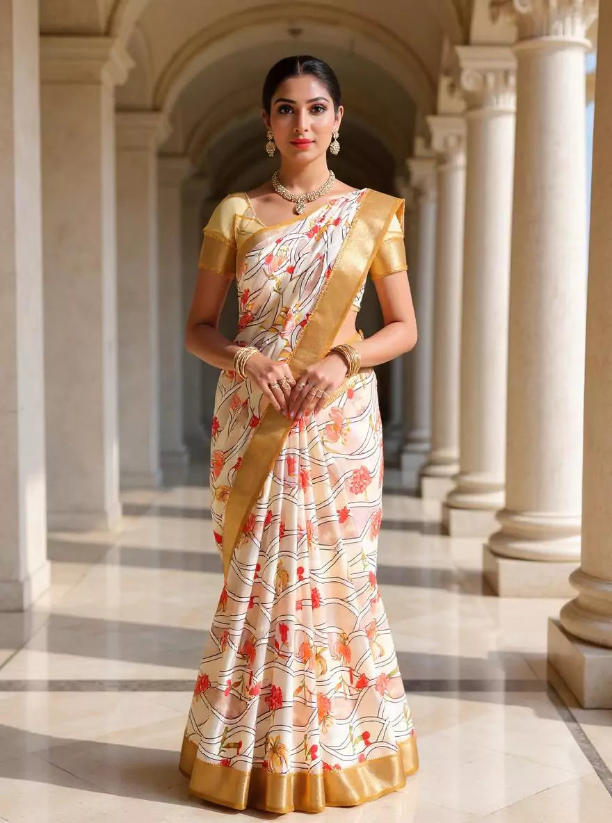 Cream and Mustard Mangalagiri Dola Silk Floral Saree