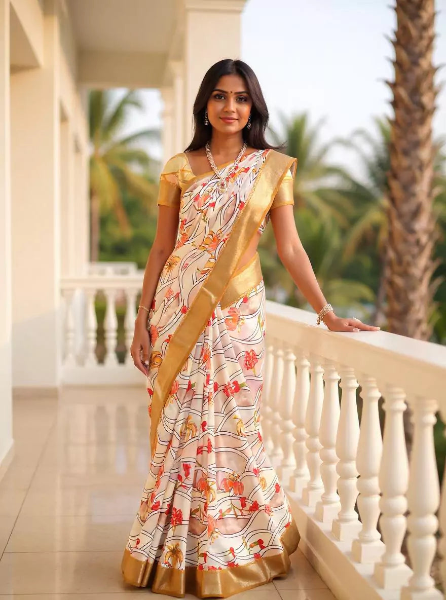 Cream and Mustard Mangalagiri Dola Silk Floral Saree