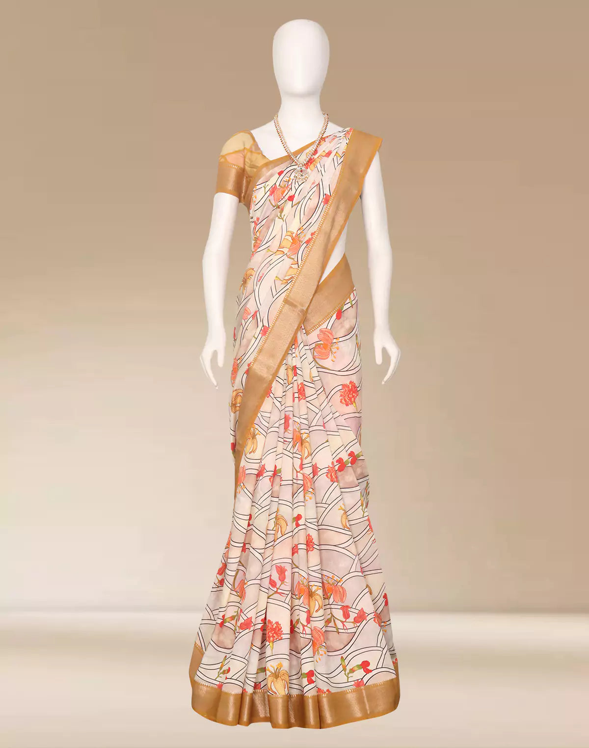 Cream and Mustard Mangalagiri Dola Silk Floral Saree