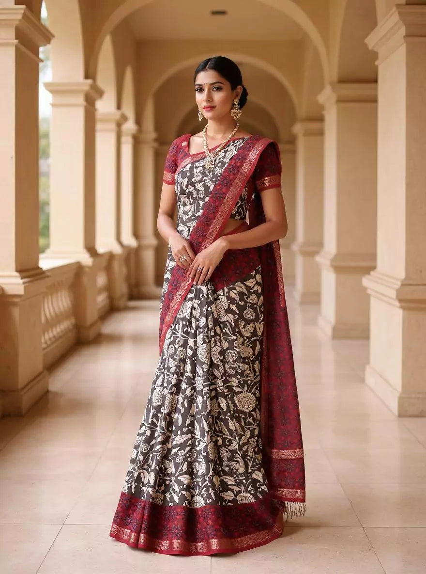 Dark Grey Floral Design Dola Silk Saree with Tussels