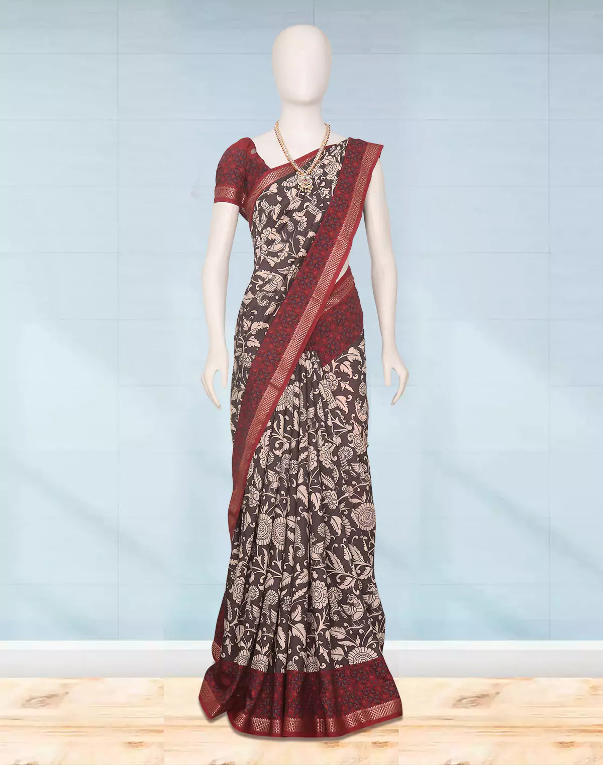 Dark Grey Floral Design Dola Silk Saree with Tussels