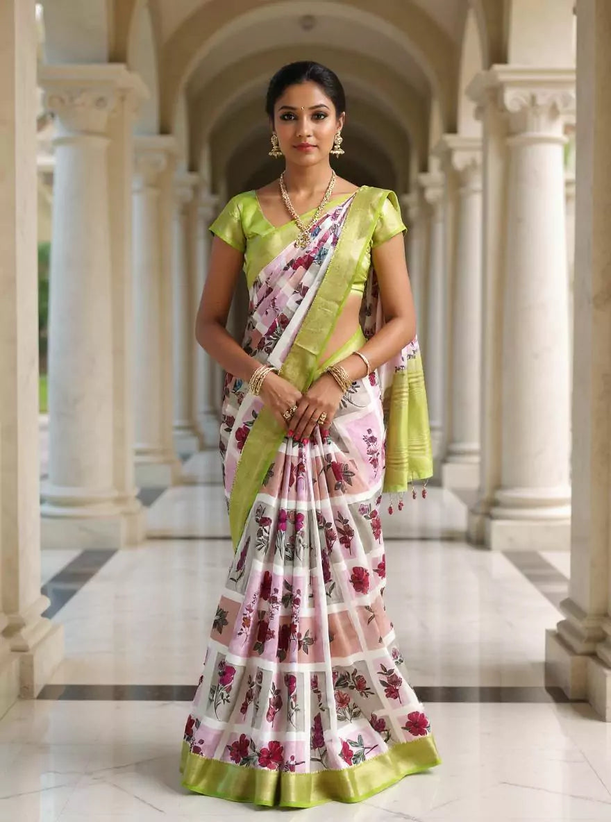Off White Floral Dola Silk Saree with Kalamkari Border