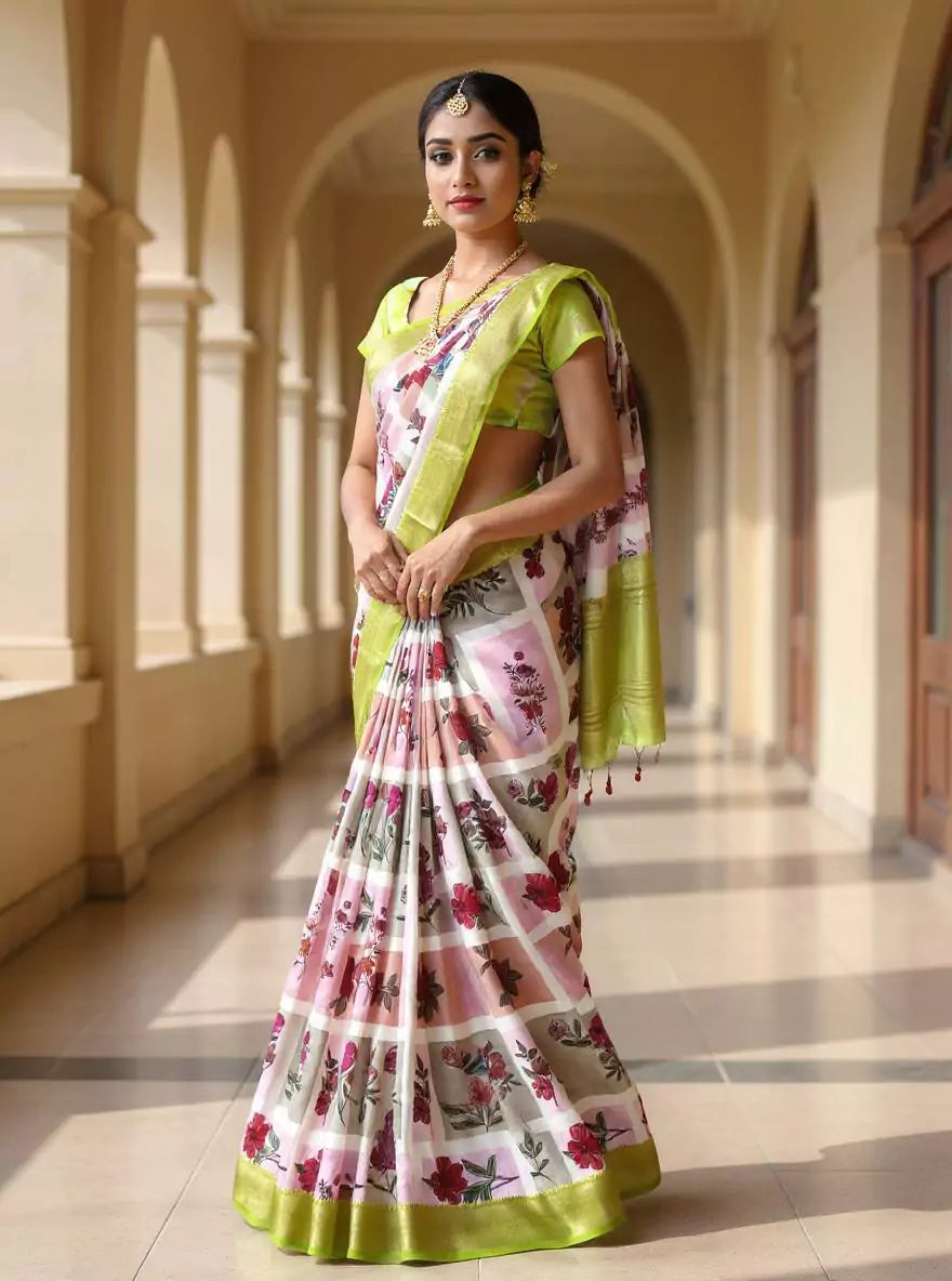Off White Floral Dola Silk Saree with Kalamkari Border