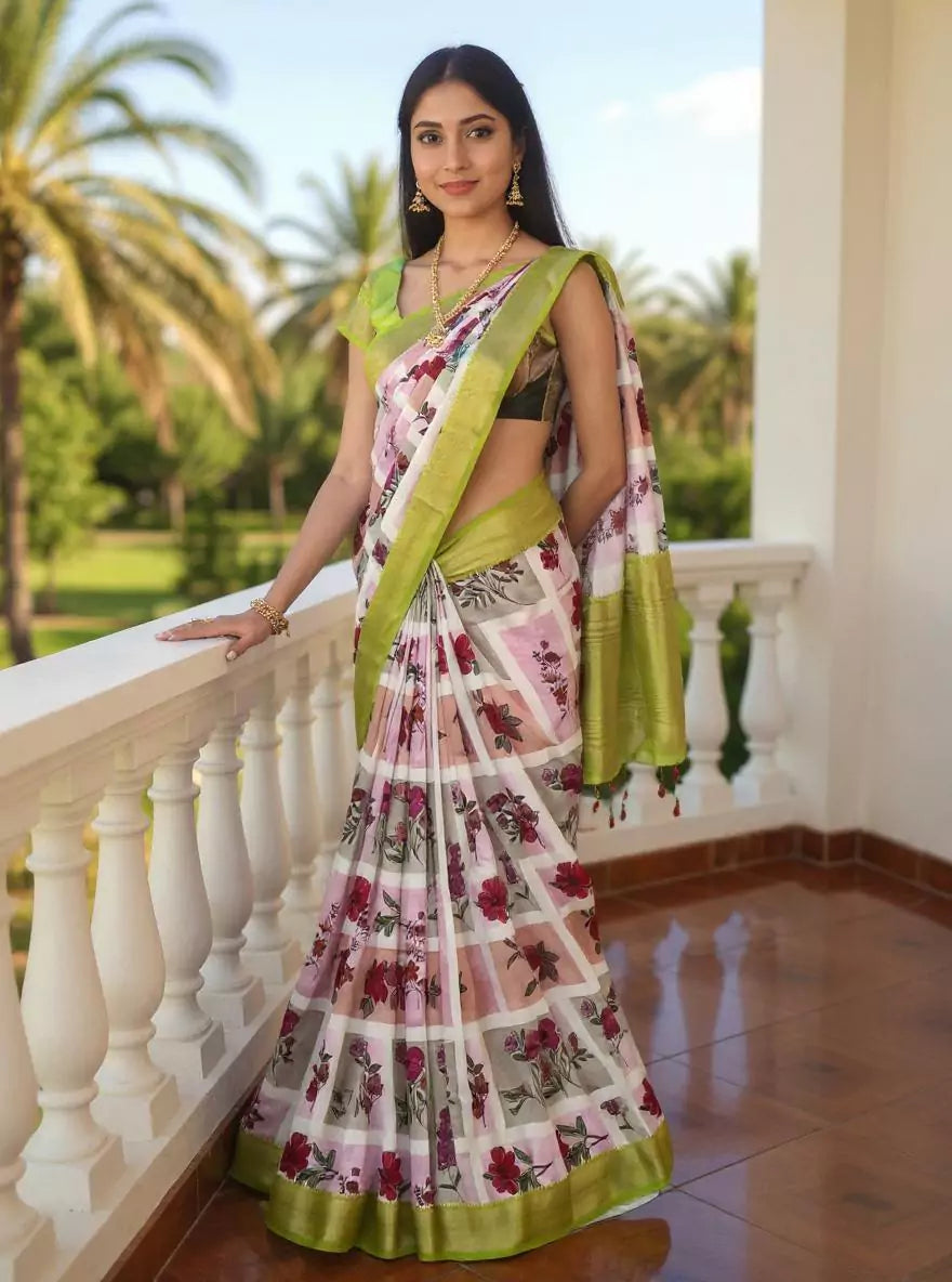 Off White Floral Dola Silk Saree with Kalamkari Border