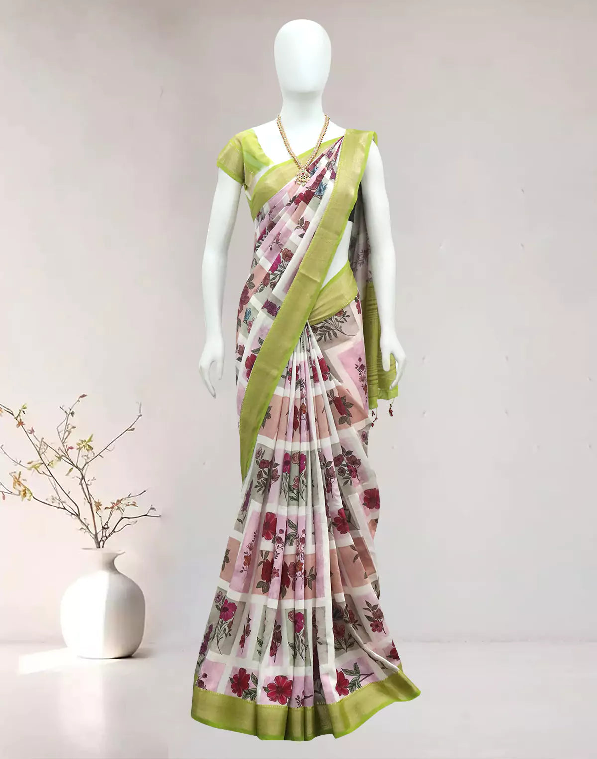 Off White Floral Dola Silk Saree with Kalamkari Border