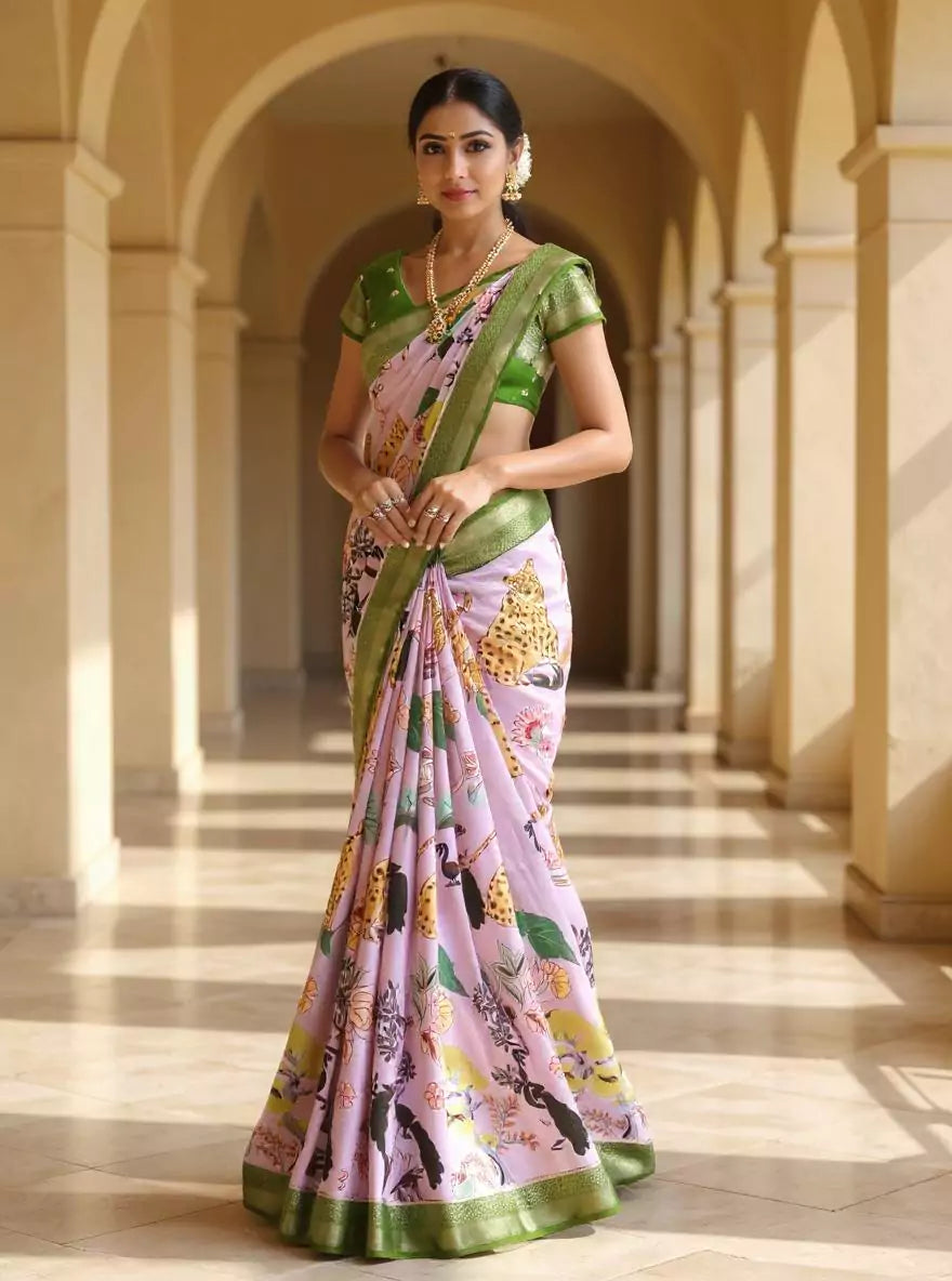 Light Violet Botanical Print Dola Silk Saree