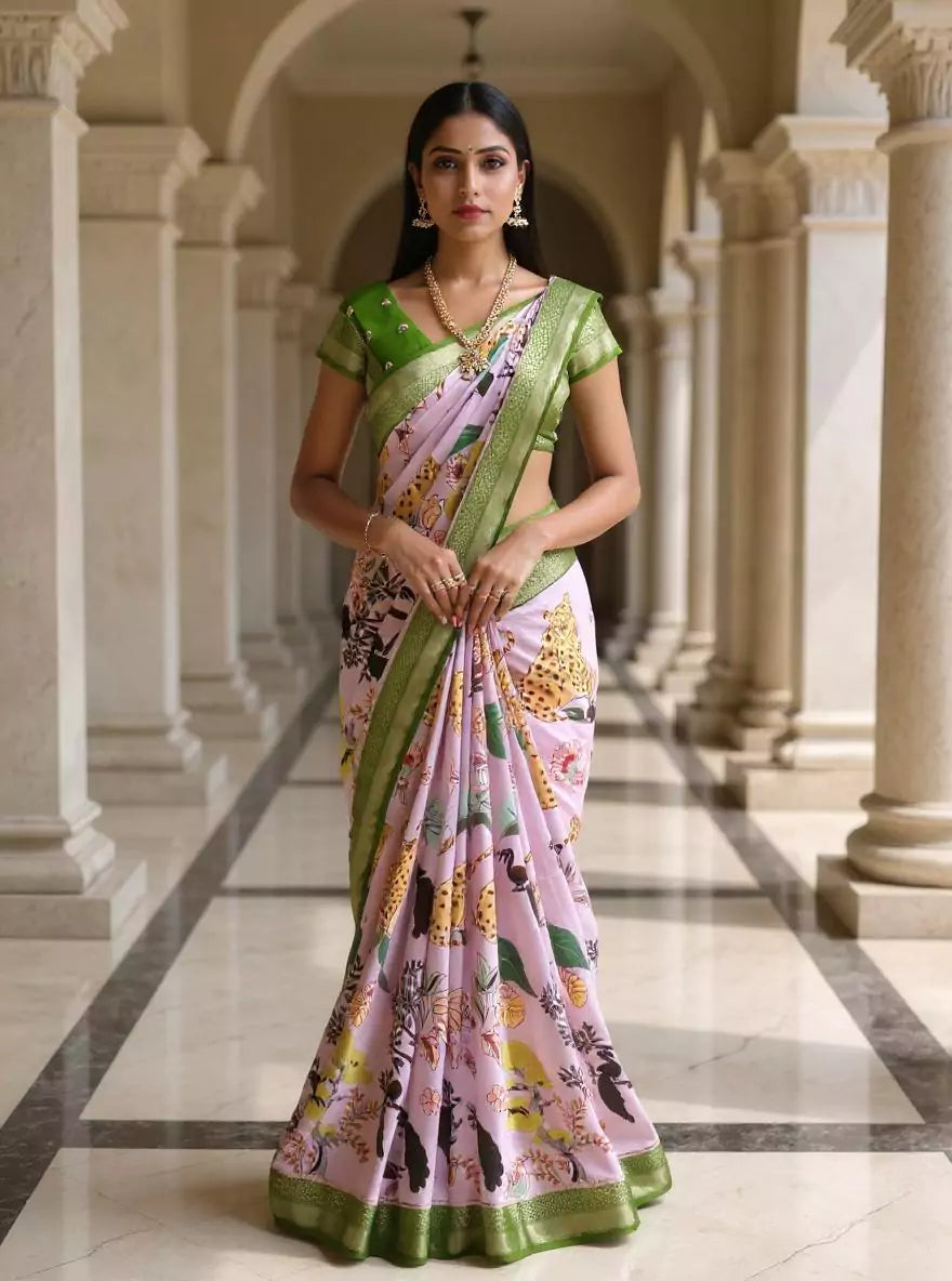 Light Violet Botanical Print Dola Silk Saree