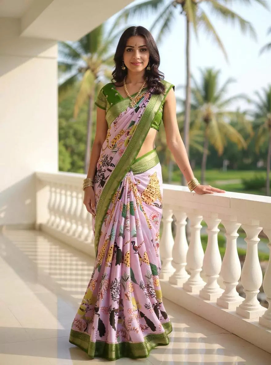 Light Violet Botanical Print Dola Silk Saree