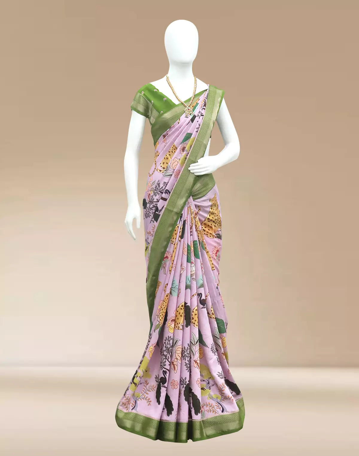 Light Violet Botanical Print Dola Silk Saree