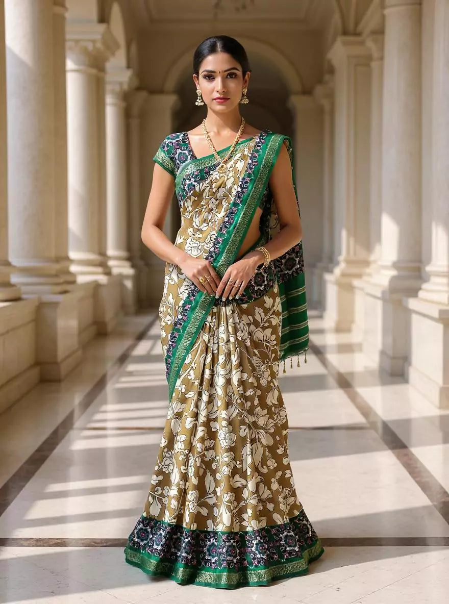 Light Brown Floral Viscose Dola Silk Saree