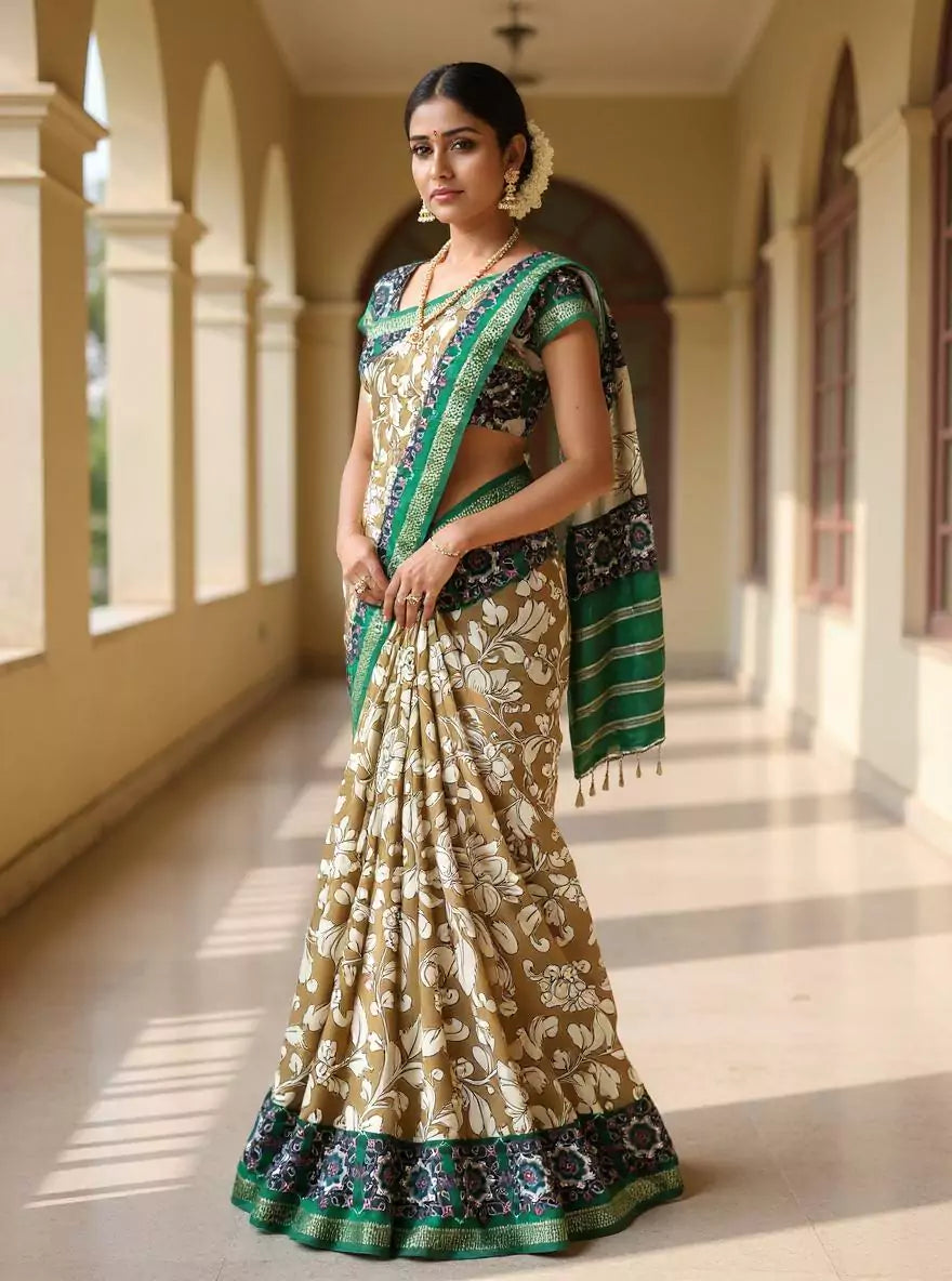 Light Brown Floral Viscose Dola Silk Saree