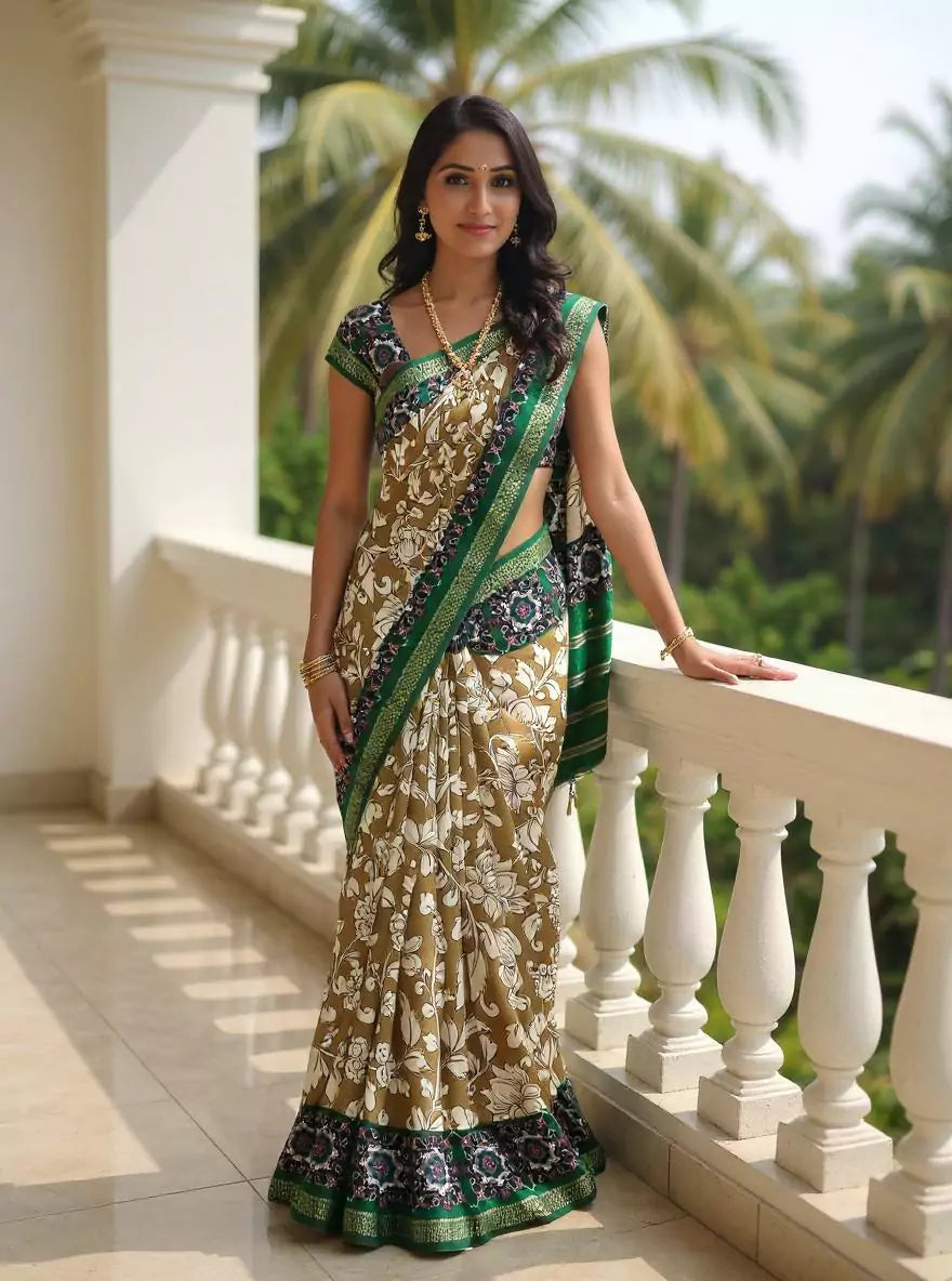 Light Brown Floral Viscose Dola Silk Saree