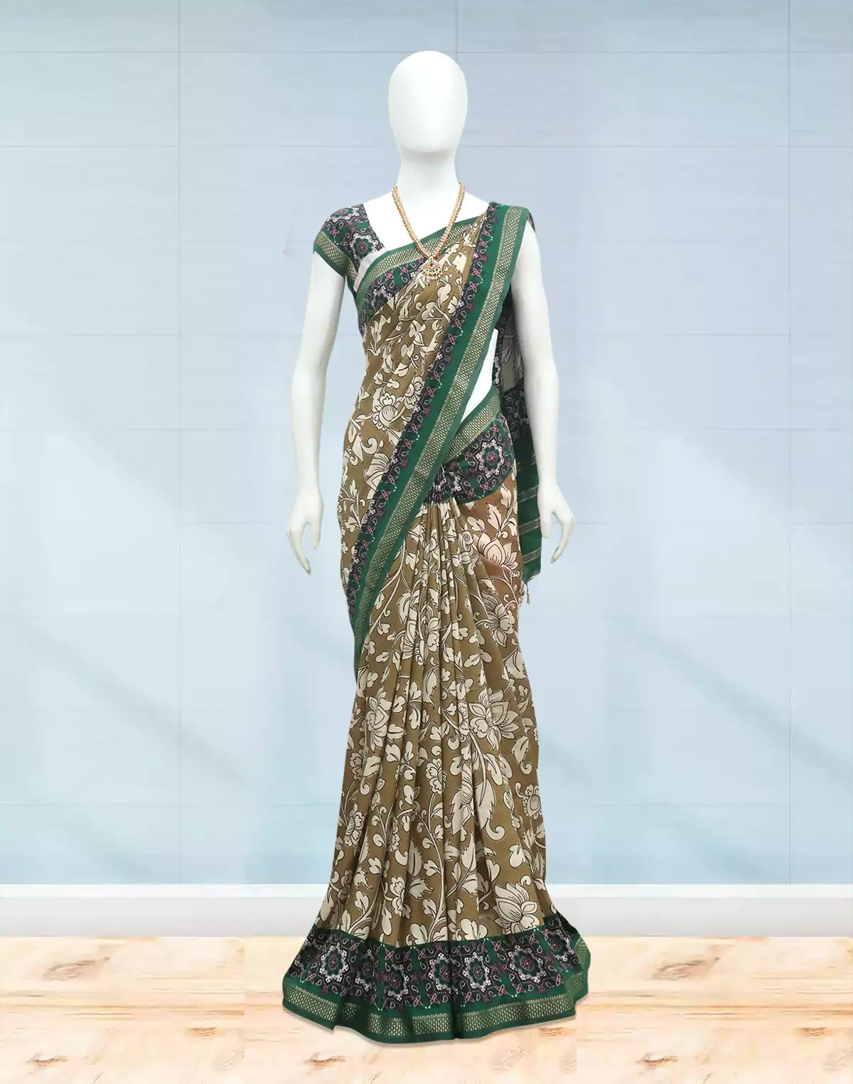 Light Brown Floral Viscose Dola Silk Saree