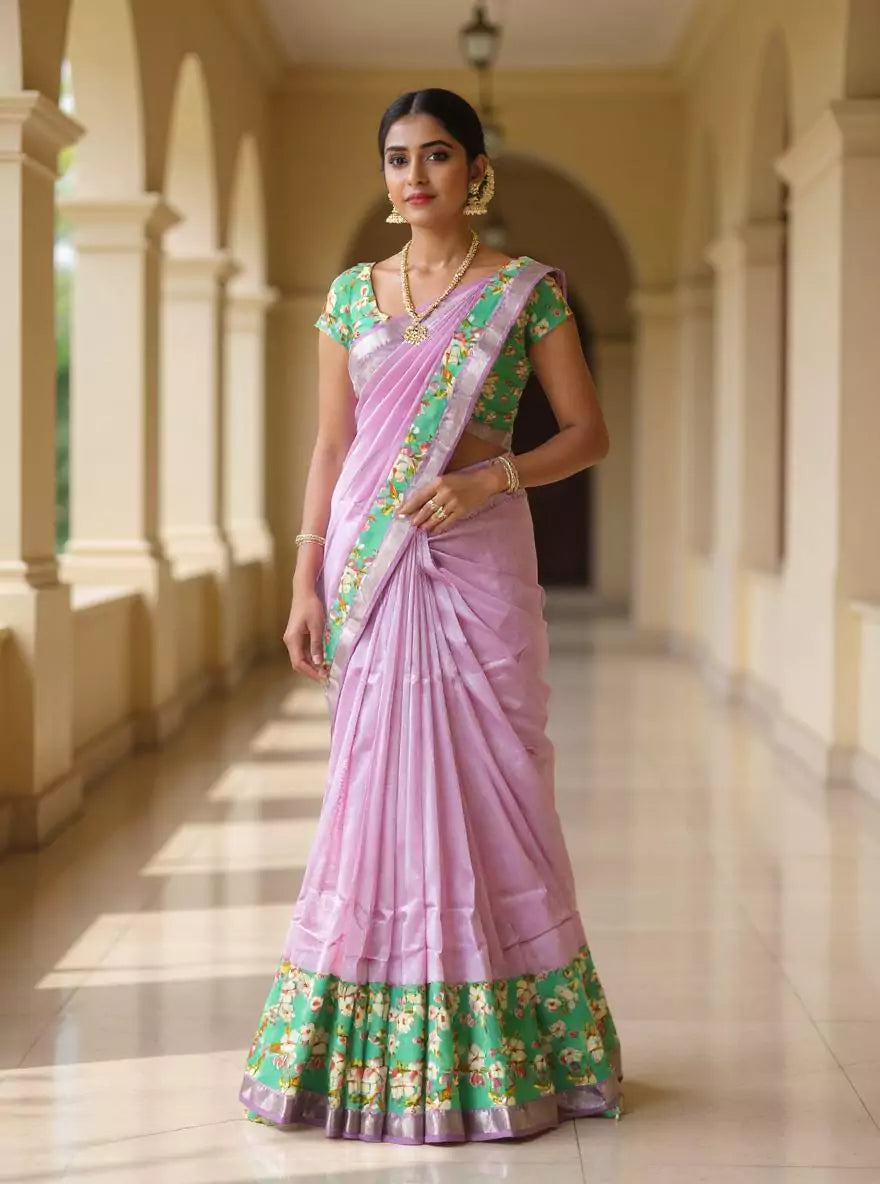 Plain Mangalagiri Silk Purple Saree with Kalamkari Border