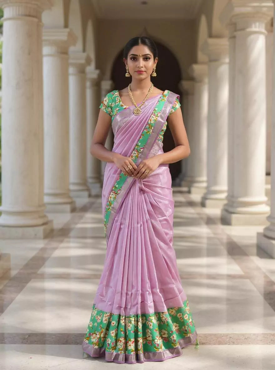 Plain Mangalagiri Silk Purple Saree with Kalamkari Border