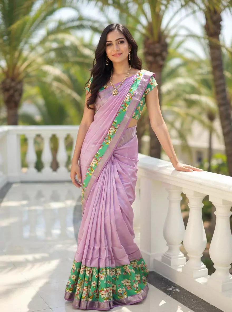 Plain Mangalagiri Silk Purple Saree with Kalamkari Border