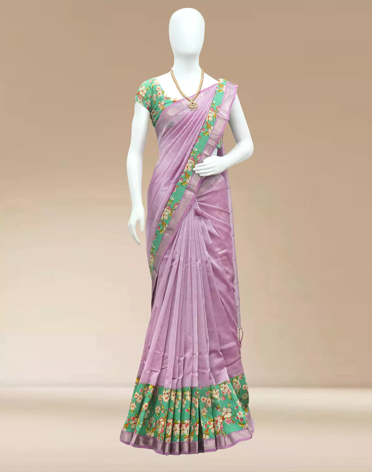 Plain Mangalagiri Silk Purple Saree with Kalamkari Border
