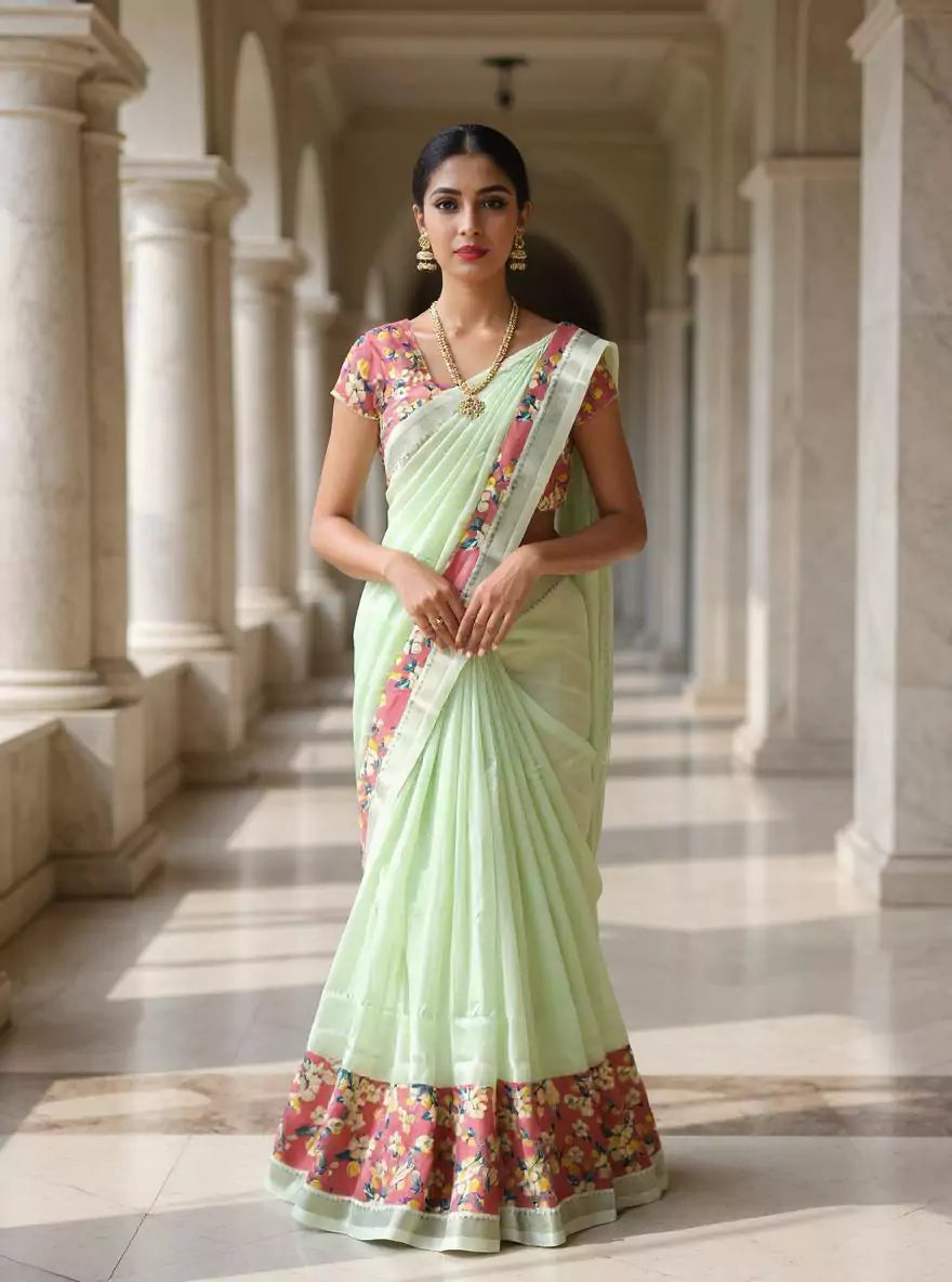 Light Green Mangalagiri Solid Saree with Kalamkari Border
