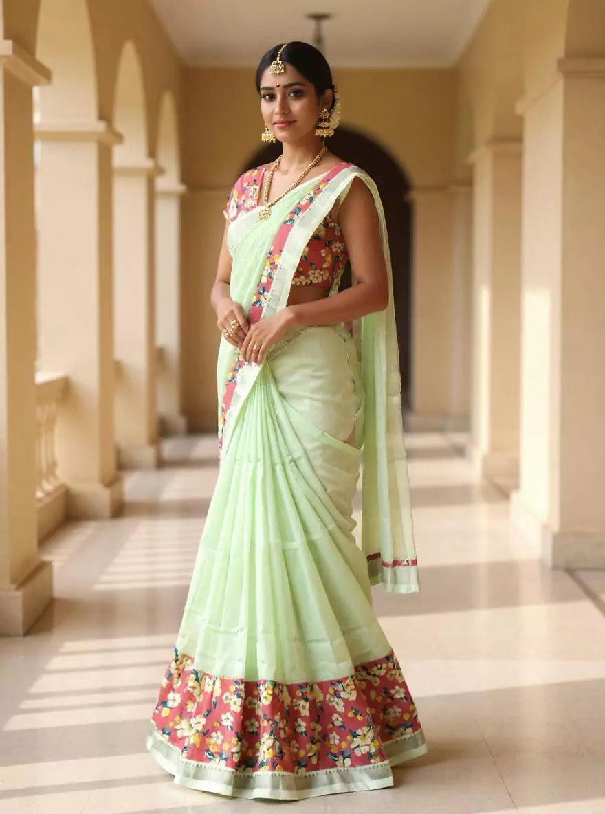 Light Green Mangalagiri Solid Saree with Kalamkari Border