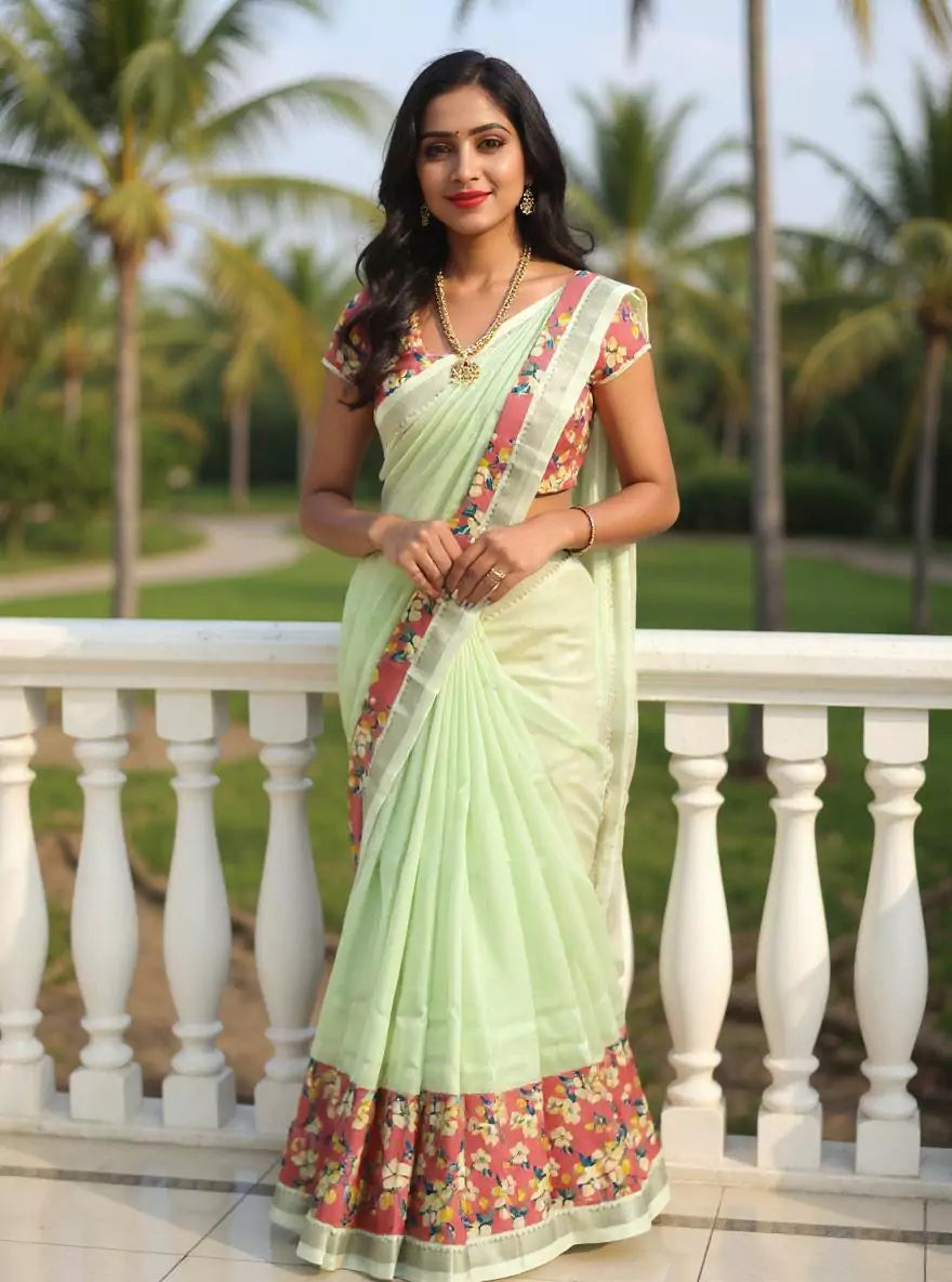Light Green Mangalagiri Solid Saree with Kalamkari Border