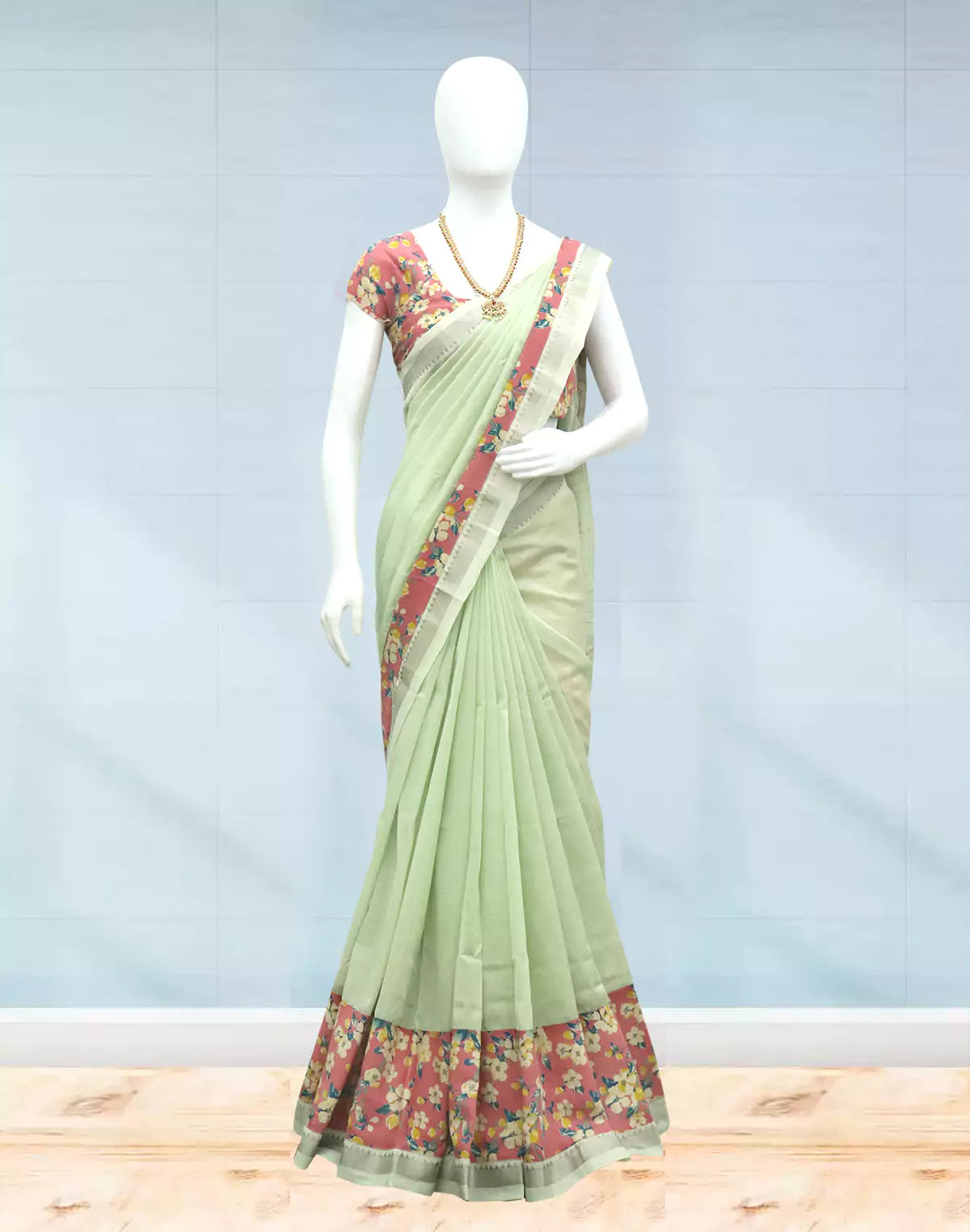 Light Green Mangalagiri Solid Saree with Kalamkari Border
