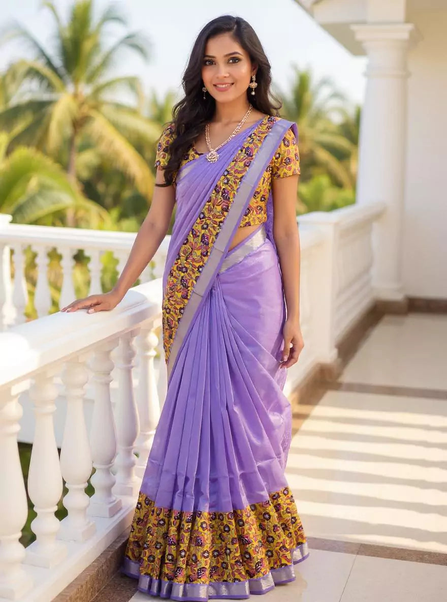 Purple Plain Mangalagiri Silk Saree with Kalamkari Border