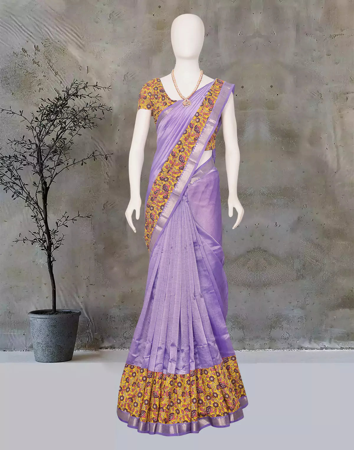 Purple Plain Mangalagiri Silk Saree with Kalamkari Border