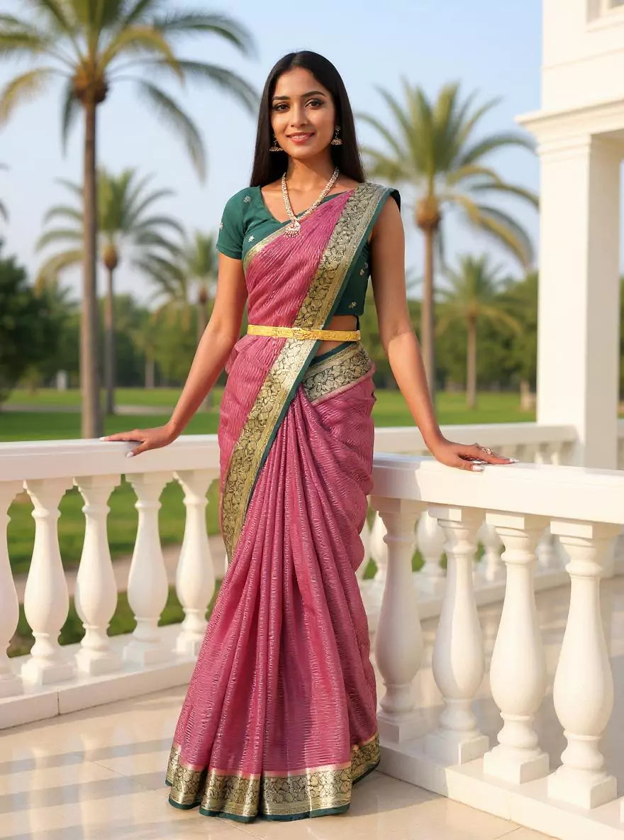 Onion Floral Chinon Silk Saree with Banaras Border
