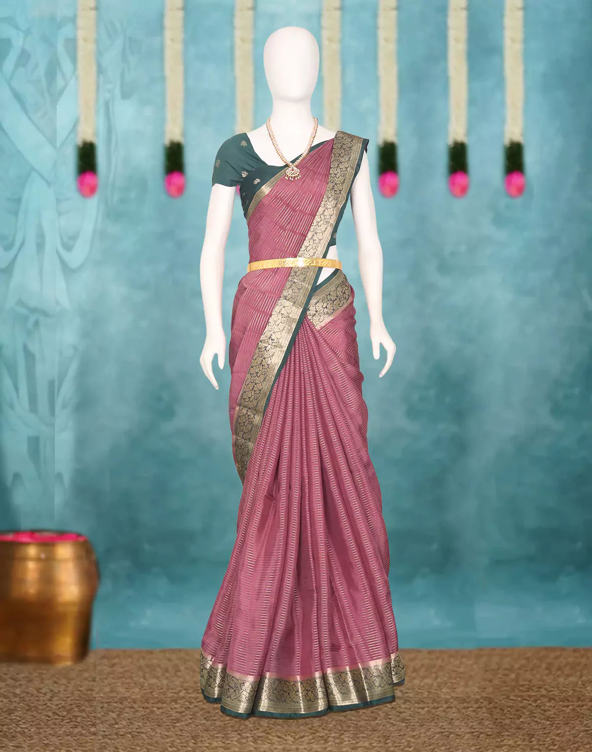 Onion Floral Chinon Silk Saree with Banaras Border