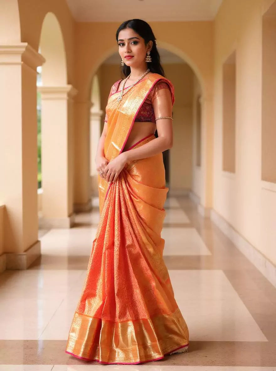 Cherry Red Floral Zari Jaal Kanchi Pattu Saree