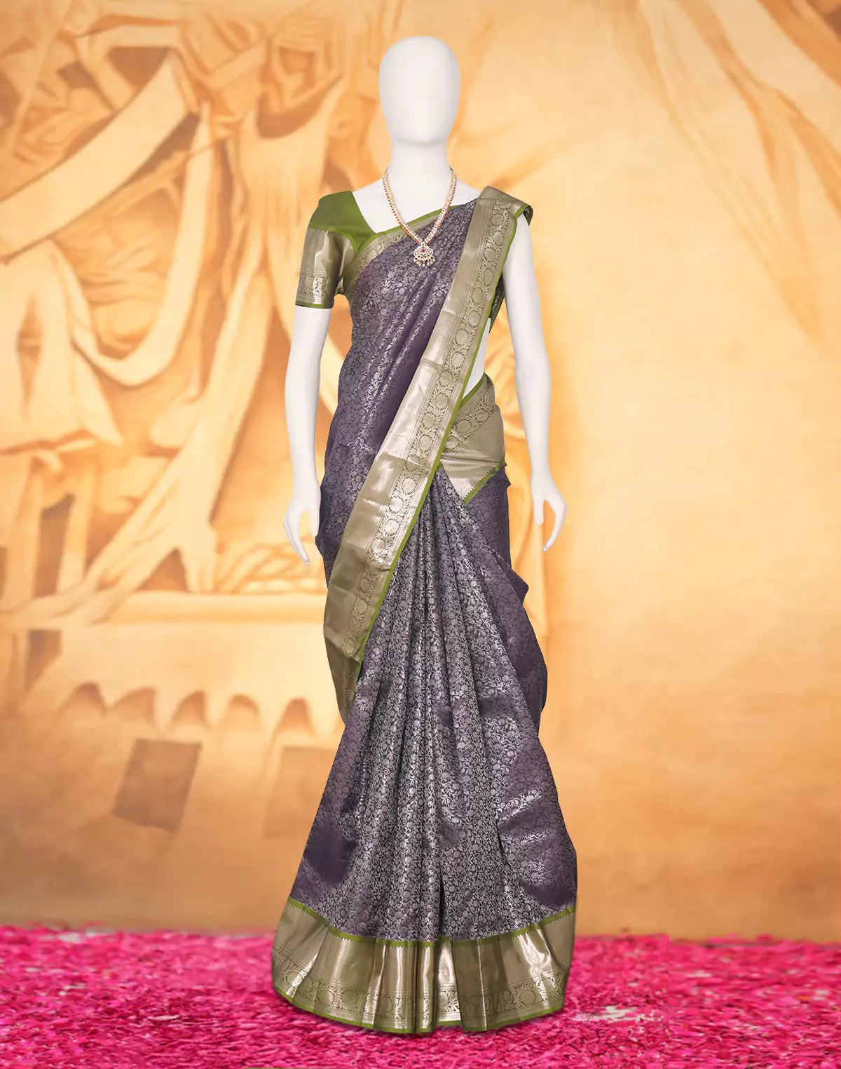 Navy Blue Silver Zari Kanchi Pattu Silk Saree