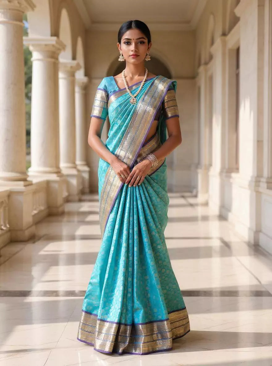 Sky Blue All Over Floral Silver Jaal Kanchi Pattu Saree