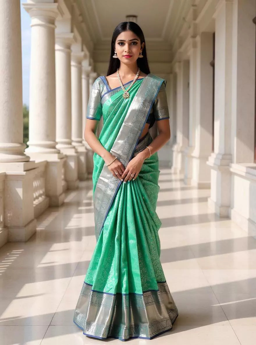 Sea Green Kanchi Pattu Floral Saree with Contrast Silver Zari Border