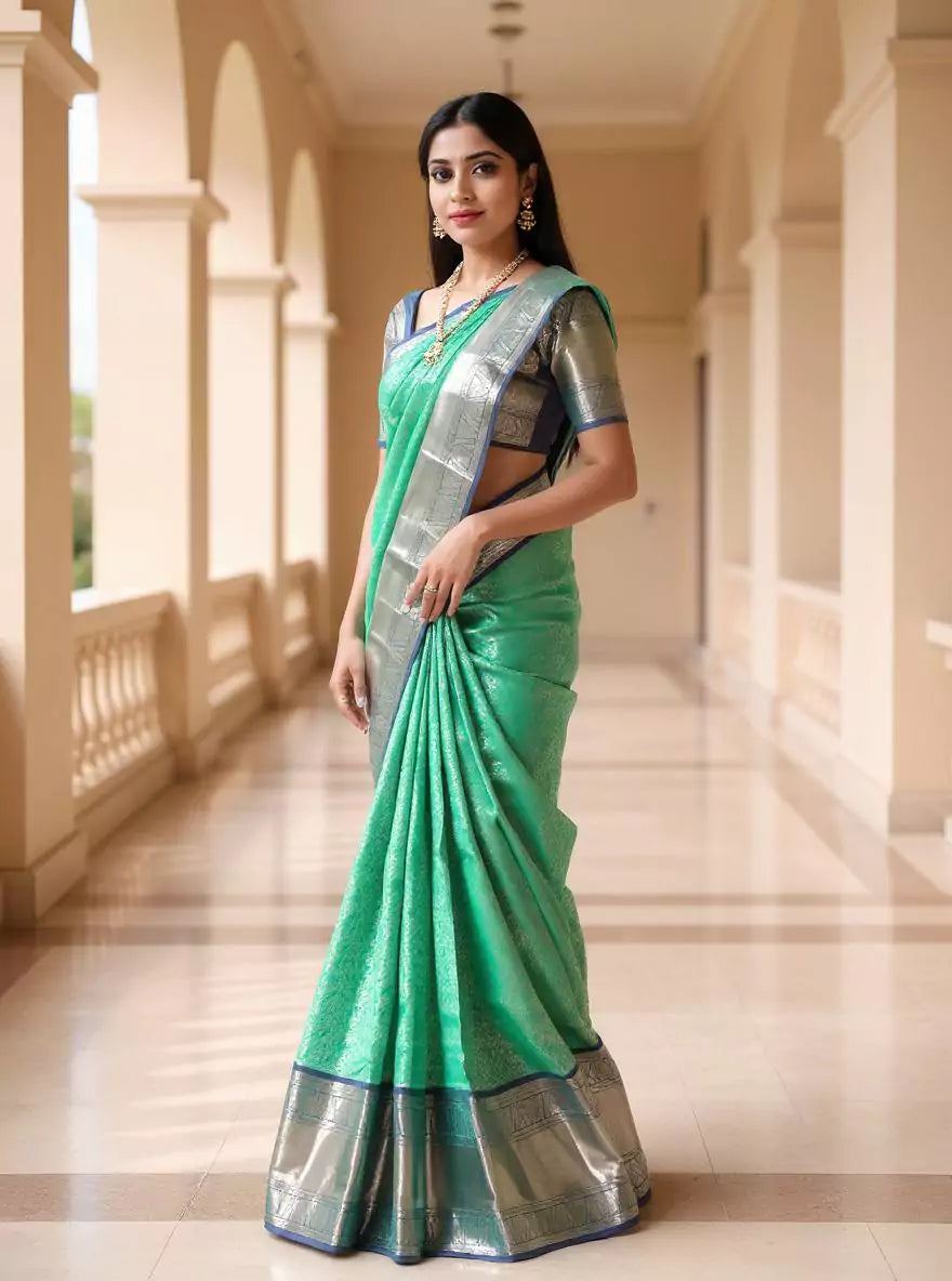 Sea Green Kanchi Pattu Floral Saree with Contrast Silver Zari Border