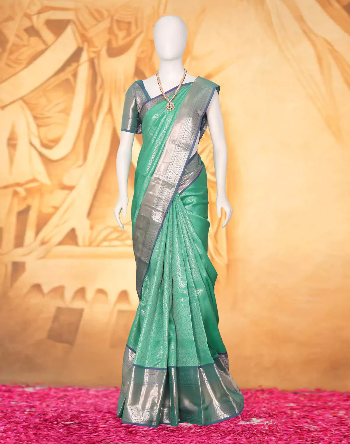 Sea Green Kanchi Pattu Floral Saree with Contrast Silver Zari Border