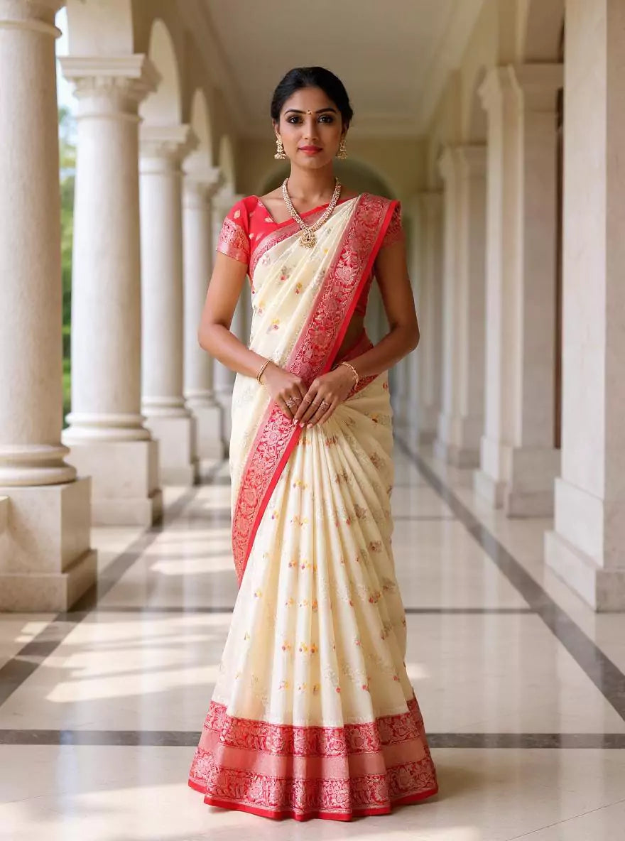 Cream Banaras Semi Georgette Contrast Saree with Kanchi Border