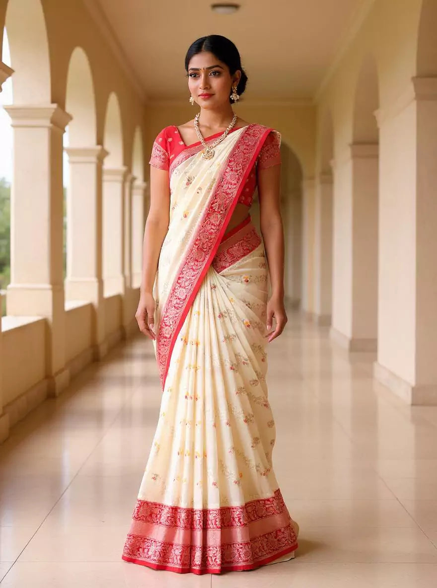 Cream Banaras Semi Georgette Contrast Saree with Kanchi Border