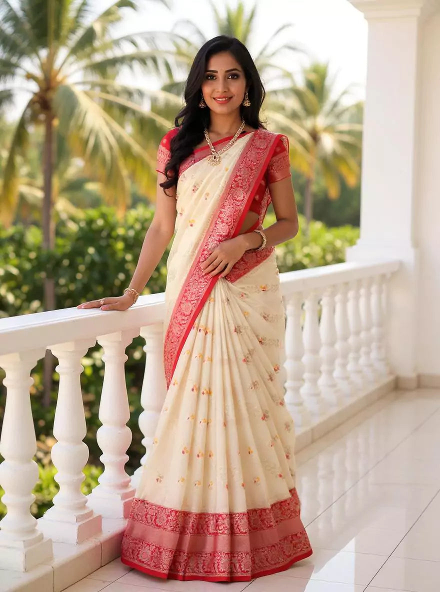 Cream Banaras Semi Georgette Contrast Saree with Kanchi Border