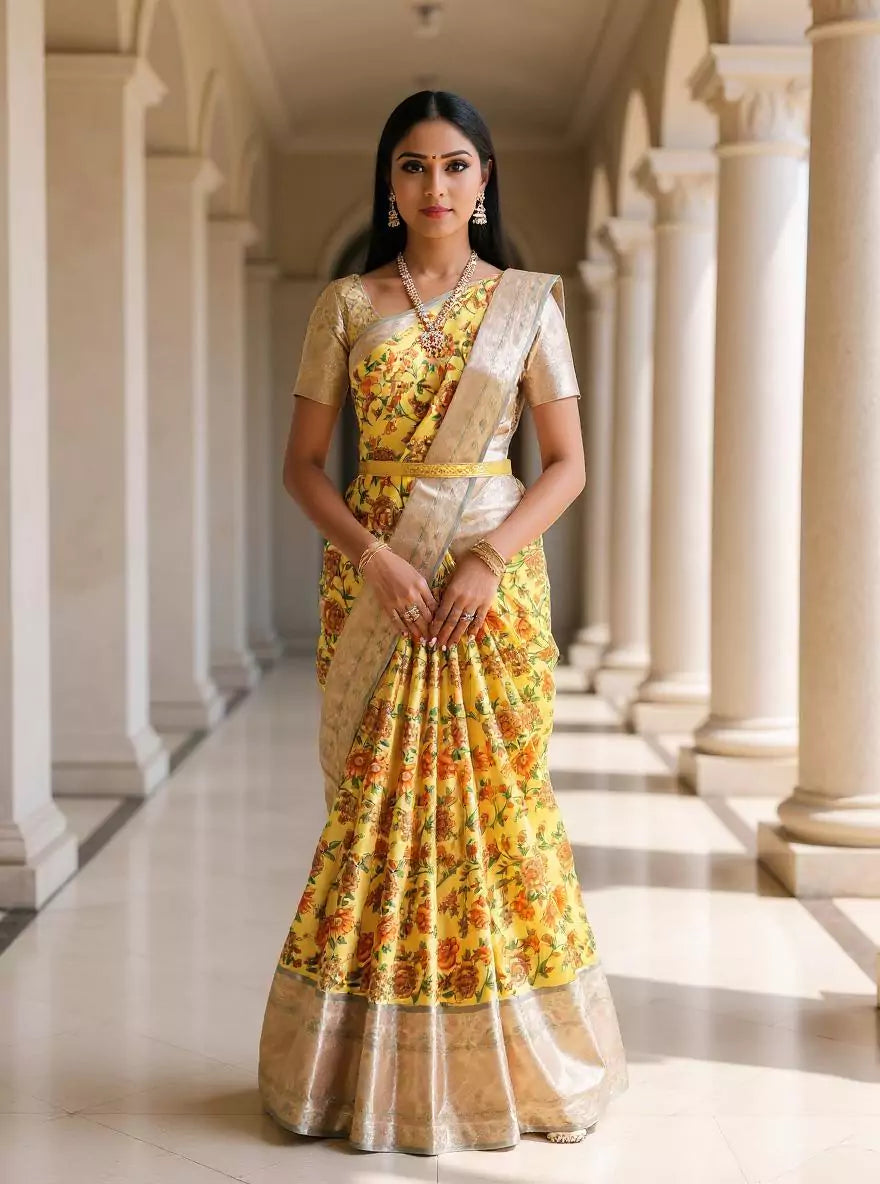 Yellow Floral Printed Tissue Fancy Saree